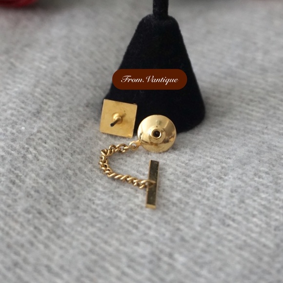 👔 VINTAGE Men Suit Square Green Tile Golden Tie Clip with Chain 🔗 - Picture 5 of 6